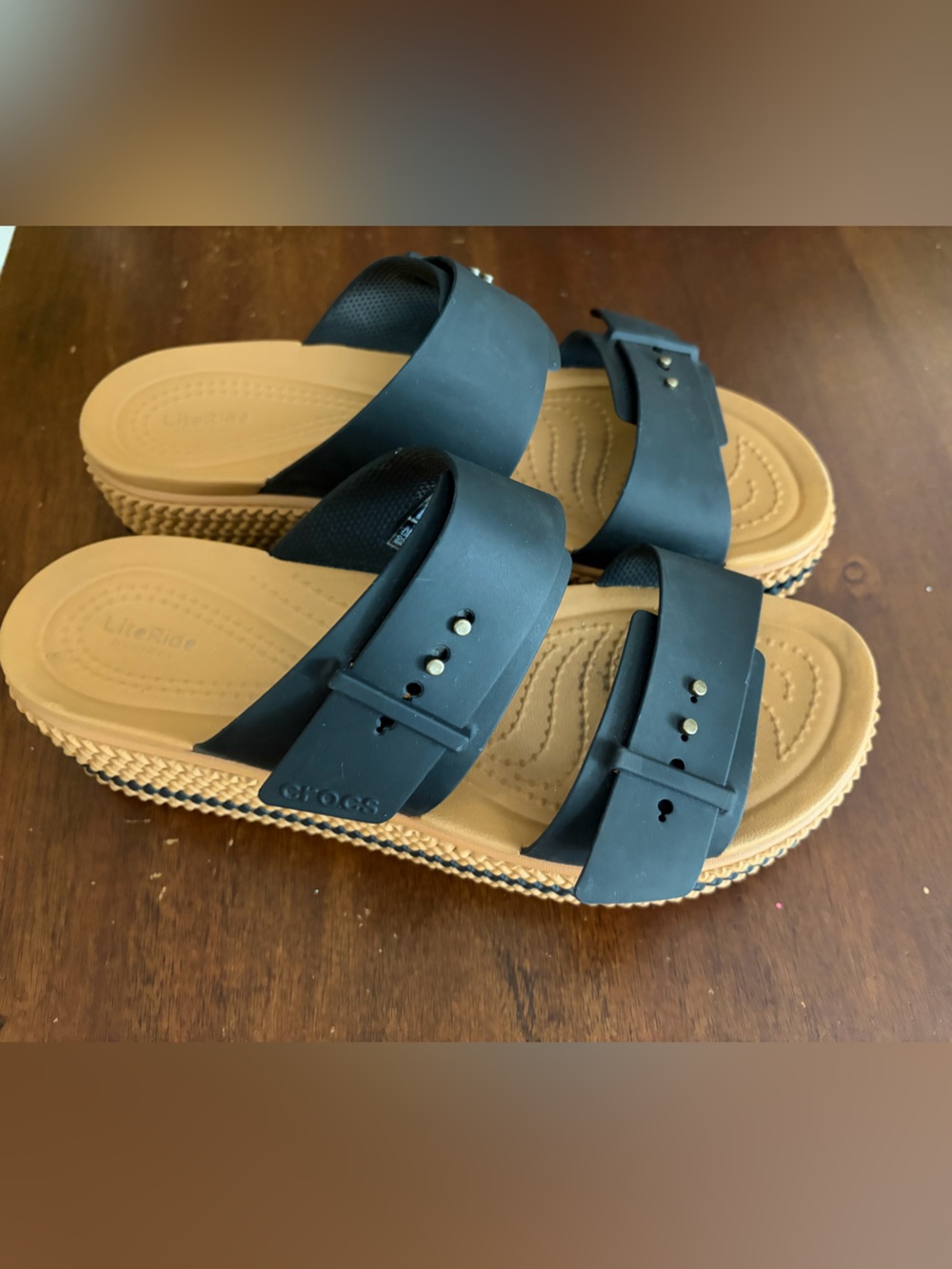 CROCS Women's Black and Tan Slide Sandals